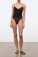 LA MER one-piece swimsuit in dark brown with spaghetti straps and ruched bust