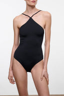 Black halter one-piece swimsuit with crisscross straps