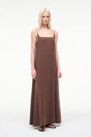 Sleeveless maxi slip dress in dark chocolate brown with beaded spaghetti straps