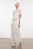 Ivory sleeveless maxi dress with mock neck, gathered waist, flowing chiffon