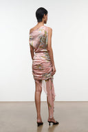 Pink silk dress with tapestry floral print, ruched drape and asymmetric neckline, back view