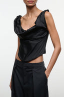 Black silk top with draped cowl neckline and gathered sleeveless shoulders