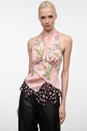 Pink silk halter top with bird tapestry print, tie-front and layered ruffle