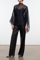 Black sheer blouse top with draped kimono sleeves and high neckline