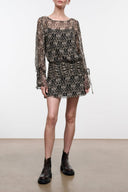 Beatrix dress: dark speckled long-sleeve mini with gathered waist and ruffled hem