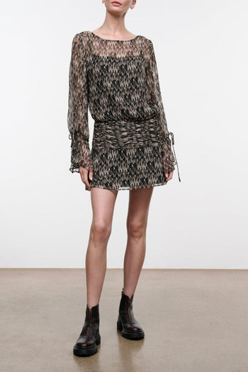 Beatrix dress: dark speckled long-sleeve mini with gathered waist and ruffled hem