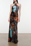 Silk halter maxi dress with blue, teal, and orange butterfly pattern