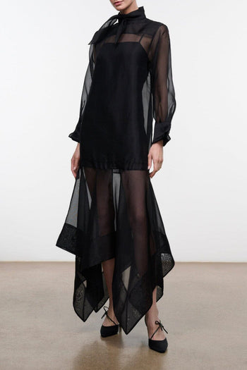 Black sheer long-sleeve dress with high neck and layered asymmetrical hem