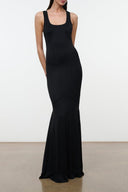 Black sleeveless fitted maxi dress with scoop neckline