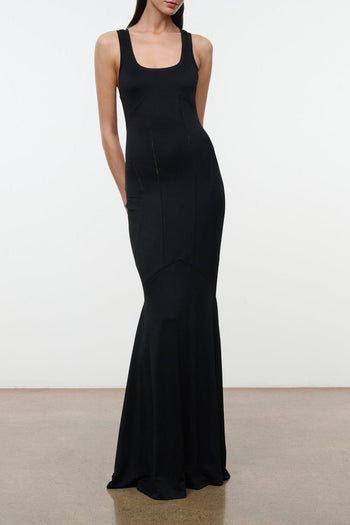 Black sleeveless fitted maxi dress with scoop neckline