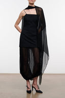 Black sleeveless dress with layered sheer drape overlay and choker neckline