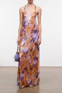 JUANITA maxi dress with halter neckline, sleeveless multicolor print and long fringe hem