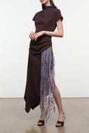 Effie dress with draped dark purple top and sheer lace maxi skirt with slit