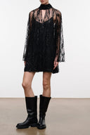 Esther mini dress in black with high neck and long sheer lace sleeves