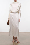 Ivory silk midi dress with long sleeves, draped cowl neckline and tied waist