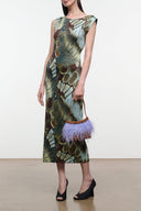Sleeveless midi dress with green/gold butterfly-moss print and feather trim detail