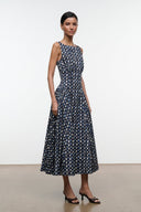Sleeveless midi dress, navy with scattered white teardrop motifs, crew neckline