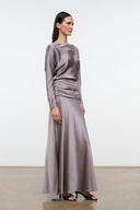 Zinc silk satin dress, long sleeves, ruched side waist, full-length column