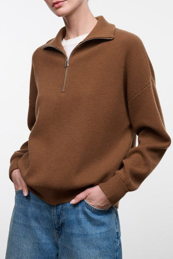 Cashmere quarter-zip sweater in brown, with ribbed cuffs and hem