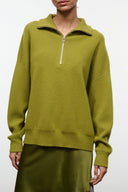 HUDSON cashmere sweater in pear green, quarter-zip with ribbed cuffs and hem