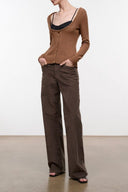 Brown cashmere sweater with button front, long sleeves, ribbed hem and cuffs