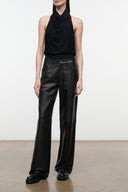 Black leather wide-leg pants with relaxed fit and front fly