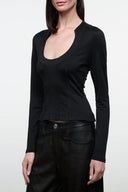 Black fitted long-sleeve top with deep V-neck and center seam