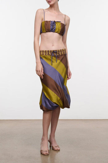 Odette silk skirt, tie-waist striped midi in brown, gold, and purple