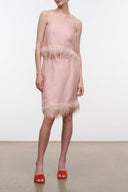 Dusty rose satin mini skirt with feather fringe hem and straight fit