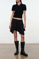 Black short skirt with uneven, fringe-style hem