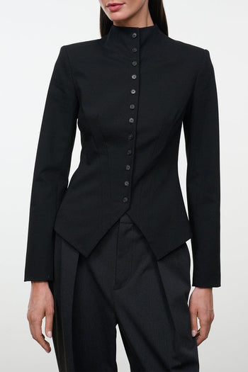 Black button-front jacket with high collar and long sleeves, fitted silhouette.