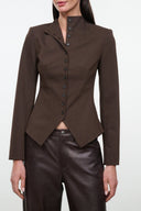 Brown tailored jacket with notch lapels, button front, and long sleeves