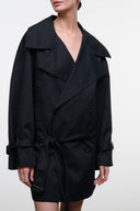 Black belted trench-style jacket with notch lapel and button front