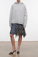 Heather grey terry hoodie with hood and front pouch pocket, long sleeves