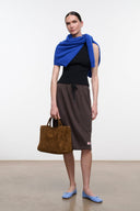 Maude satchel, cigar brown suede with top handles and front seam detail