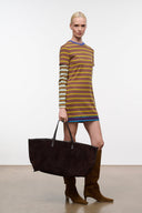 Large espresso suede tote bag with two top handles, dark brown