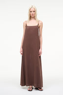 Maxi slip dress in dark chocolate brown with thin straps and draped bodice