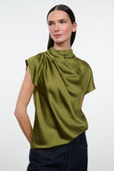 Olive satin silk top with high neck, short cap sleeves, and gathered front drape