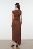 Back view of brown one-shoulder draped dress with ruched detailing and asym hem