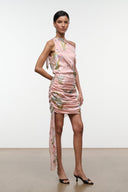 Pink silk dress with tapestry floral print, fitted ruched bodice and mini hem, draped detail