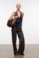 Distressed espresso brown leather hobo bag with slouchy shape and top handle