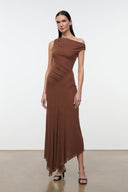 Brown one-shoulder draped dress with ruched bodice and asymmetrical midi hem