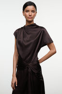 Dark brown silk dress close-up: high neck cowl, short sleeves, wrap waist knot