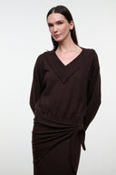 Dark oak knit sweater dress with V-neck, gathered waist tie, long sleeves