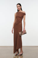 Brown one-shoulder ruched dress with draped neckline and asym hem