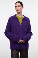 Purple cashmere button-front cardigan with collar and chest pocket, ribbed cuffs