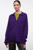Purple cashmere button-front cardigan with collar and chest pocket, long sleeves
