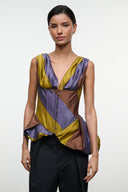 Sleeveless silk top with V-neck, button front, and multicolor stripe panels in blue, gold, brown