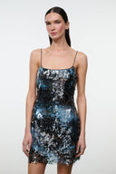 Blue sequin mini dress with spaghetti straps and square neckline