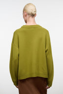 Relaxed cashmere crewneck sweater in green with ribbed collar and cuffs.